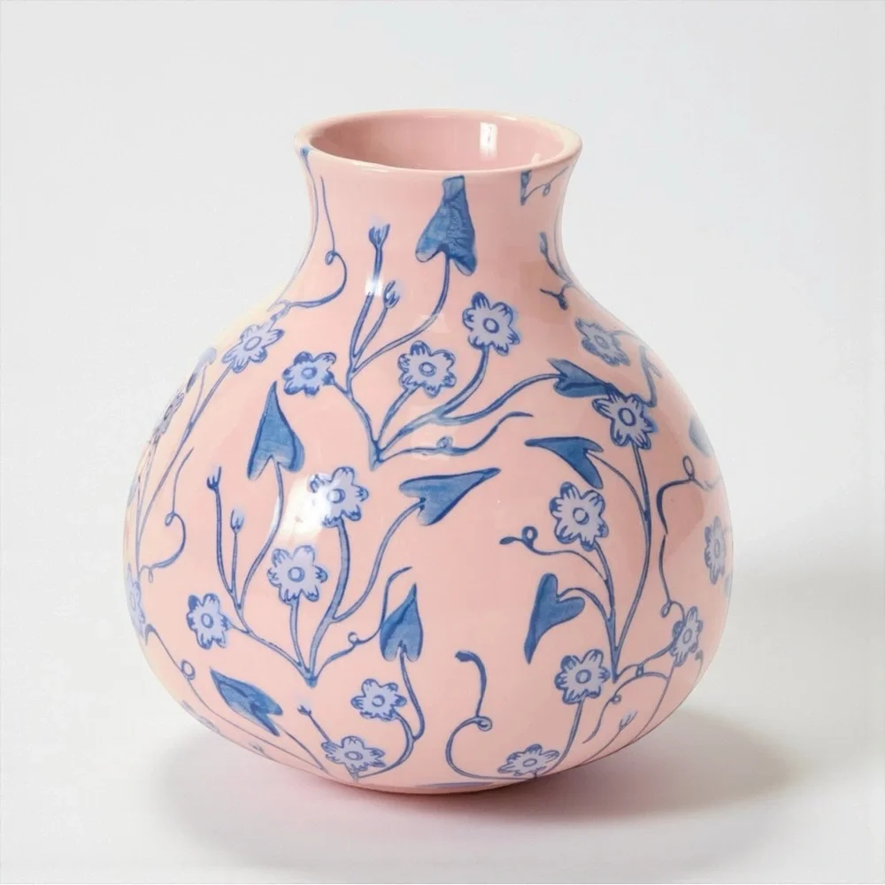 Anthropologie Pink Floral Vase | Blue Botanical Ceramic | Cottagecore Decor NWOT